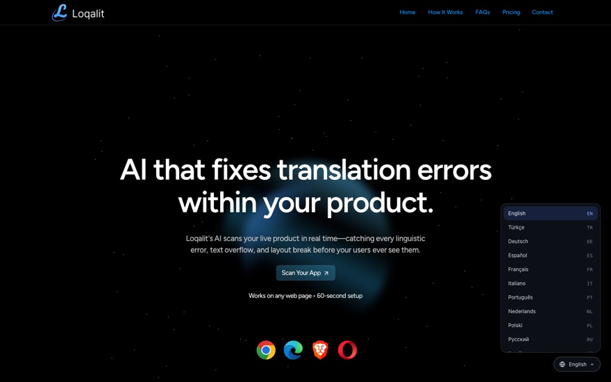 A website in English with the Loqalit Translate language picker open, listing sixteen languages